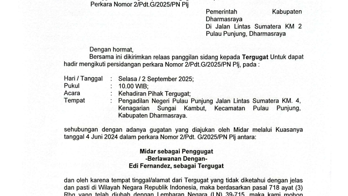 Panggilan Sidang Kepada Tergugat Atas Nama  Edi Fernandez Perkara Nomor 2/Pdt.G/2025/PN Plj