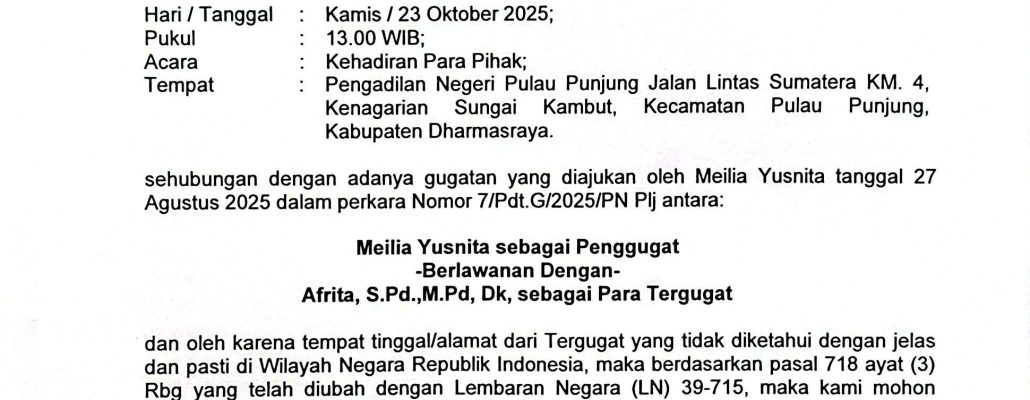 Panggilan sidang kepada TergugatPerkara Nomor 7/Pdt.G/2025/PN Plj