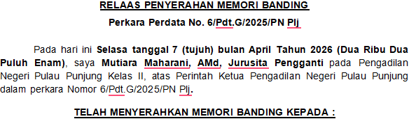 RELAAS PENYERAHAN MEMORI BANDING Perkara PerdataNo. 6/Pdt.G/2025/PN Plj